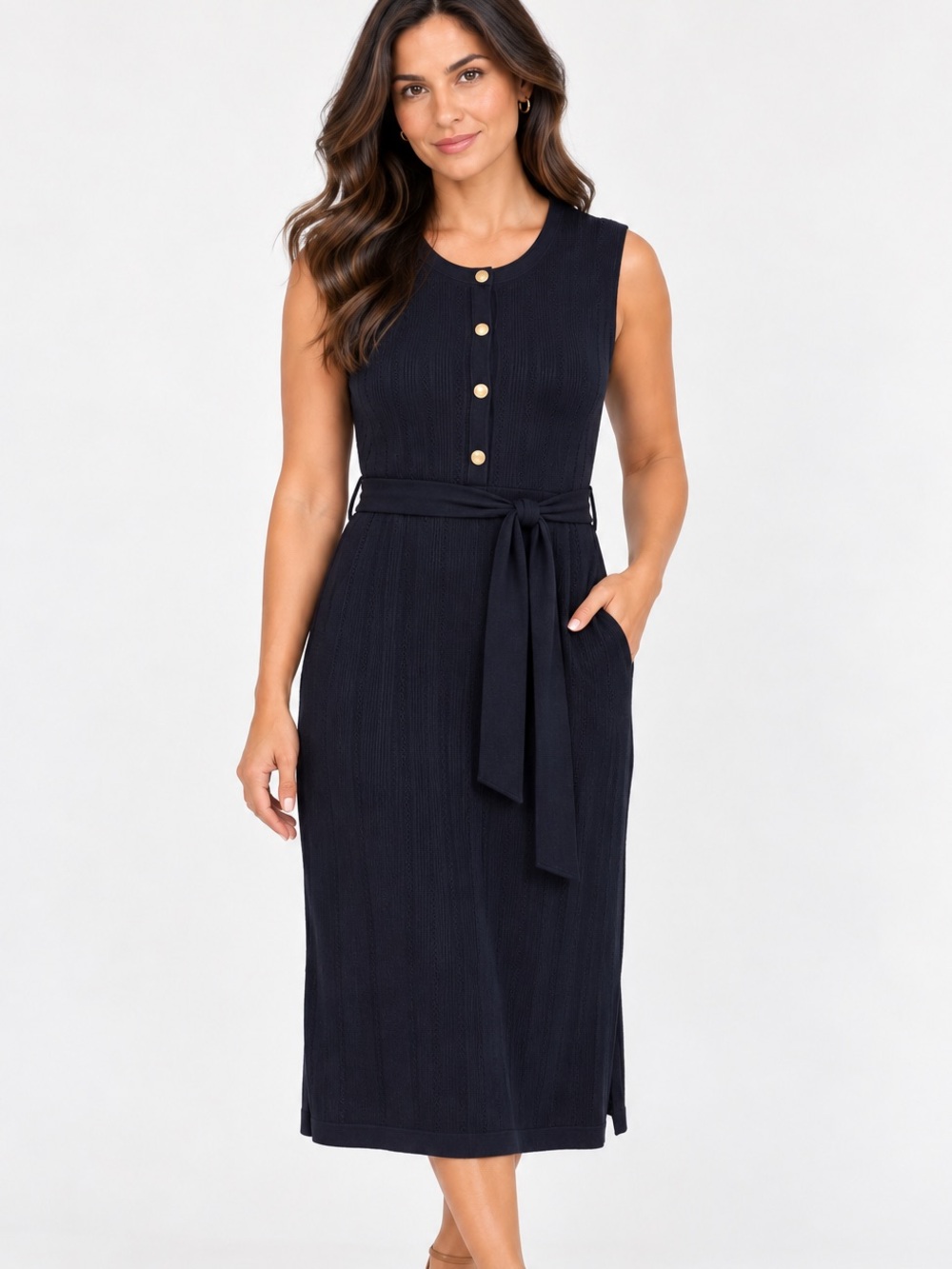 Tash + Sophie Sleeveless Textured Navy Midi Dress with Gold Buttons and Waisttie